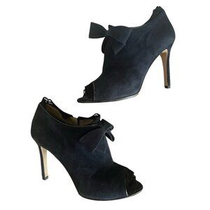 Valentino Garavani dark navy suede bow open toe heeled boots size 37.5